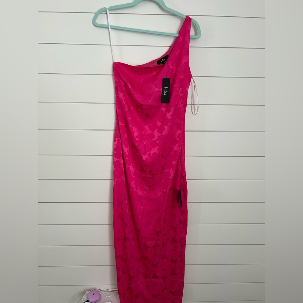 Chasing Desire Hot Pink Satin Jacquard One-Shoulder Maxi Dress from Lulu’s